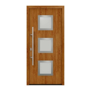 EcoStar Haustür Isopro IP 810S Golden Oak mit drei quadratischen Glaseinsätzen und Edelstahlgriff.
