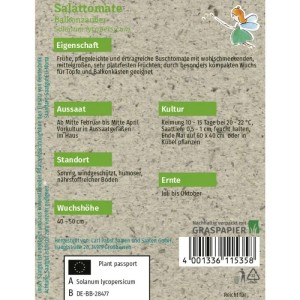 Grüne Fee Salattomate Balkonzauber Saatgutpackung aus Graspapier. Kompakte Buschtomate für Töpfe & Balkonkästen. Mit Anbauinfos.