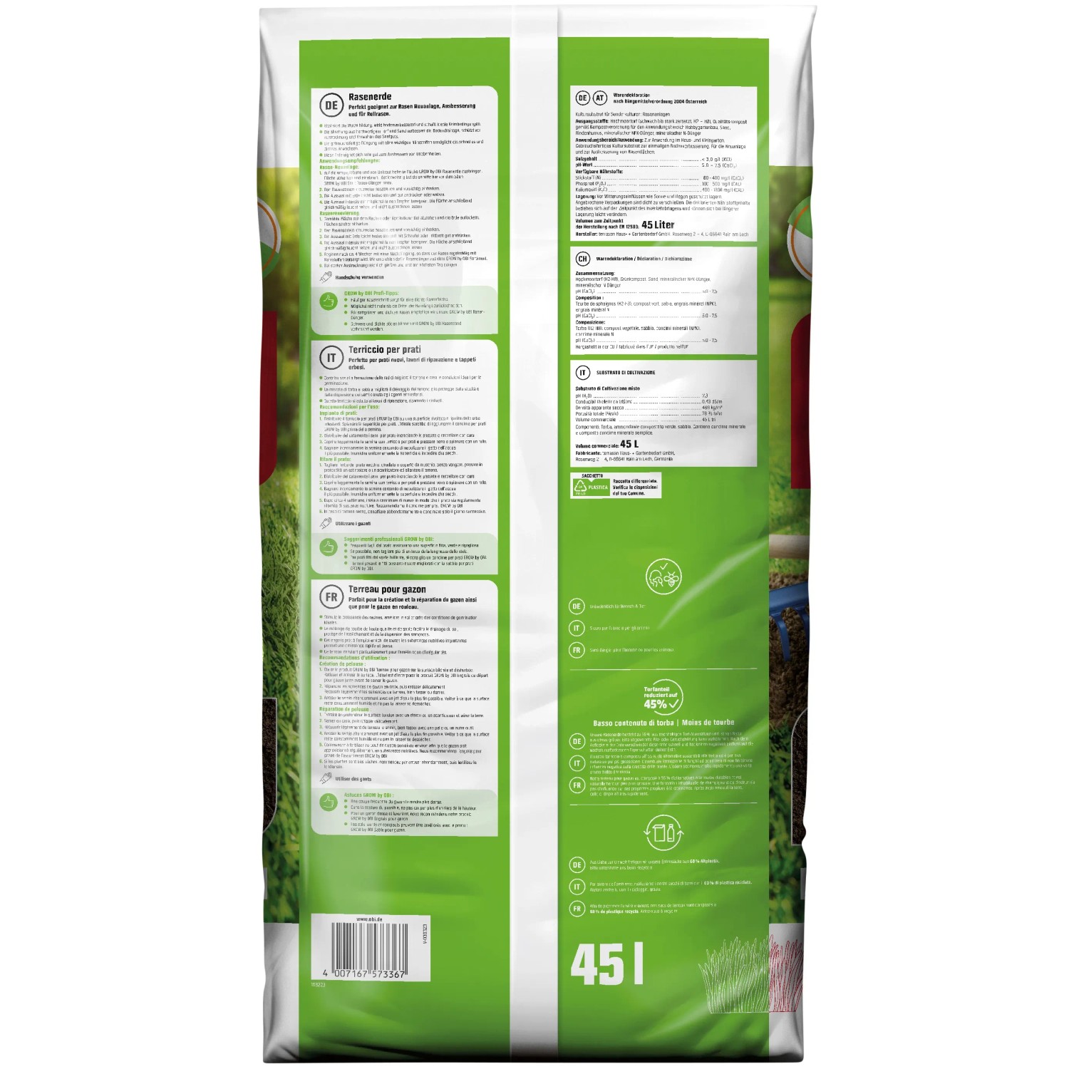 Rückseite des GROW by OBI Rasenerde Sackes, 45l, mit Anwendungs- und Inhaltsangaben.