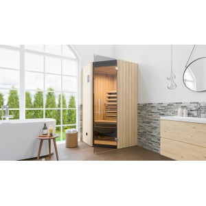 Weka Infrarotkabine Tanilla Eck mit Linienstrahler im Badezimmer mit Glasfront und Holzverkleidung.