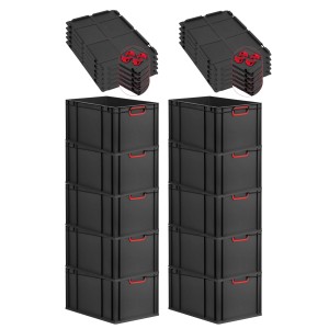 PROREGAL SparSet: 10 schwarze Euroboxen mit roten Griffen und Auflagedeckel, 65 Liter. Aufbewahrungsboxen.
