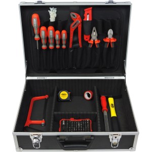 Offener Famex Werkzeugkoffer 758-63 mit 130-teiligem Werkzeugsortiment, inklusive Schraubendreher, Zangen und Hammer.