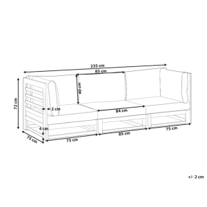 Skizze des Beliani Gartensofas TRANI in Taupe mit Maßangaben.