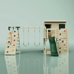 PolarPlay Spielturm Aksel dunkelgrün mit Schaukel, Rutsche und Kletterwand.