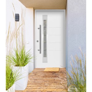 Weiße Splendoor Sicherheits-Haustür Berlin Prime RC2 mit Edelstahlgriff und Glaseinsatz.
