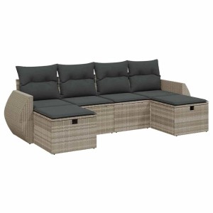 Hellgraue 6-tlg. vidaXL Garten-Sofagarnitur aus Polyrattan mit grauen Kissen.