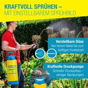 Gloria Drucksprühgerät Prima 8 im Einsatz: Gelb-blaues Gerät mit Mann beim Sprühen im Garten.