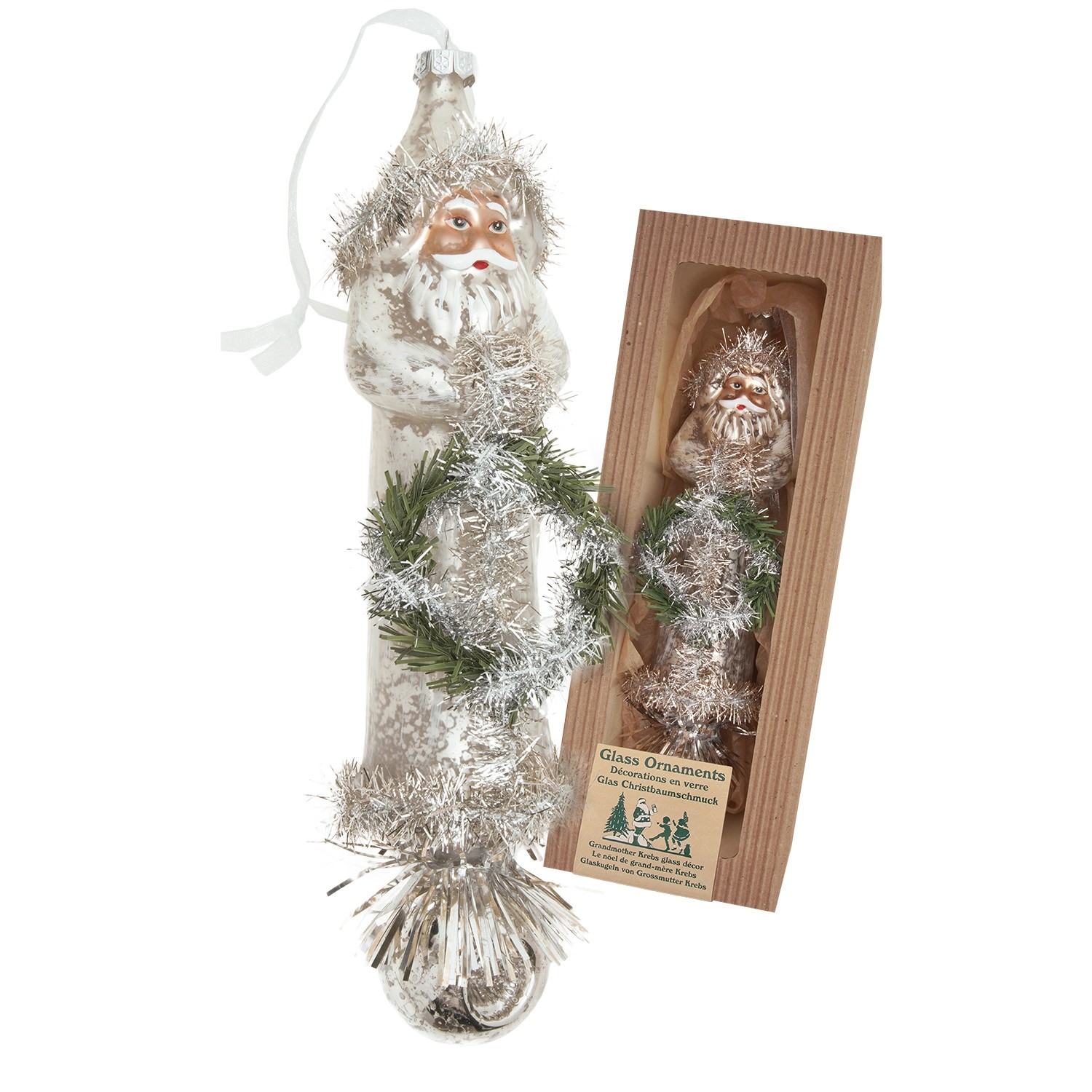 Krebs Glas Lauscha Baumschmuck Santa mit Kranz Nostalgie Silberfarbig 22cm günstig online kaufen