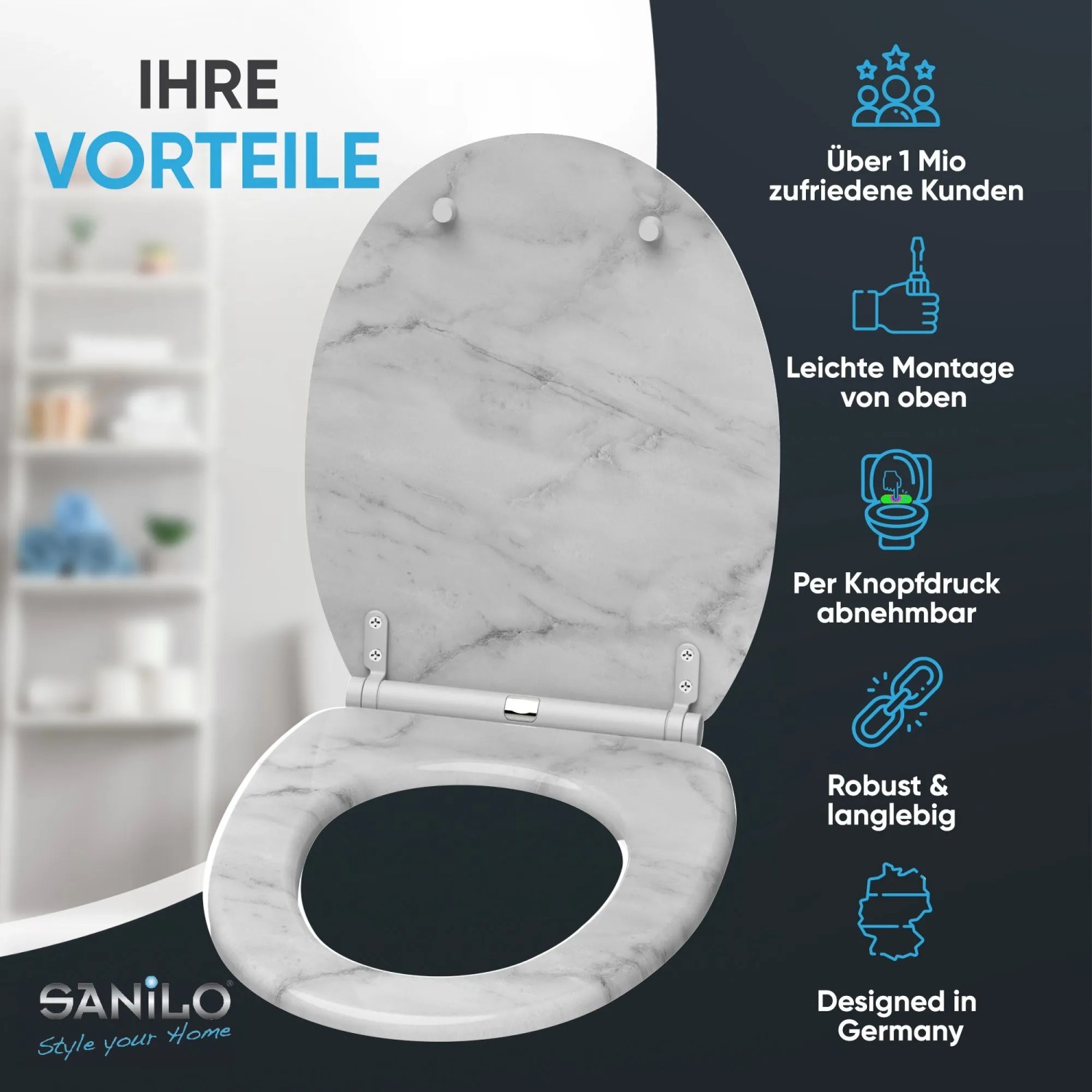 SANILO WC-Sitz Marmor mit Absenkautomatik und Top-Fix-Befestigung für komfortable WC-Nutzung.