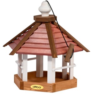 Hängendes, sechseckiges Dobar Vogelhaus "Herbstfrüchte" aus Holz mit farbigem Dach.