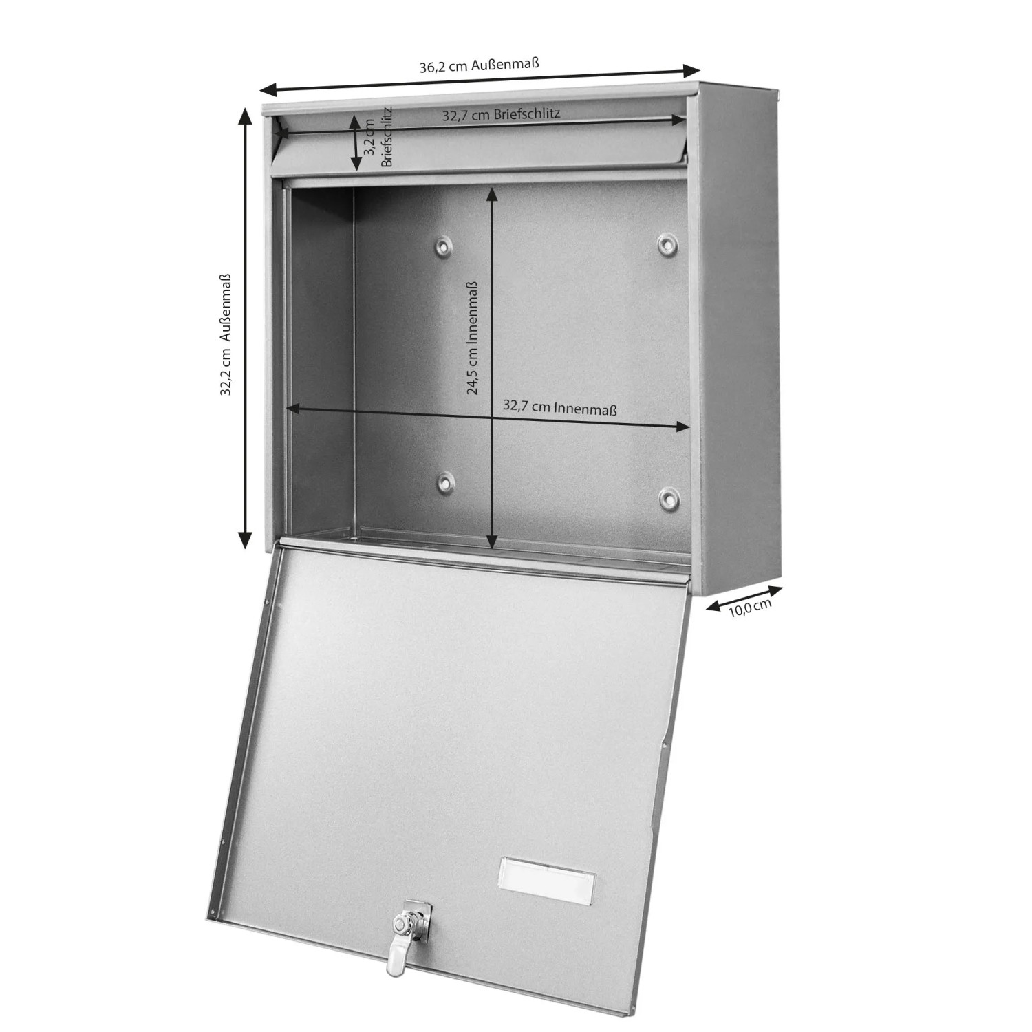 Offener, silberner Banjado Briefkasten mit Maßangaben und Namensschild im Altholz-Design.