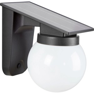 Schwarze Solar-LED-Wandleuchte mit Kugel-Lampenschirm und Solarpanel, 19x18x13 cm.