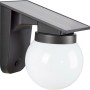 Schwarze Solar-LED-Wandleuchte mit Kugel-Lampenschirm und Solarpanel, 19x18x13 cm.
