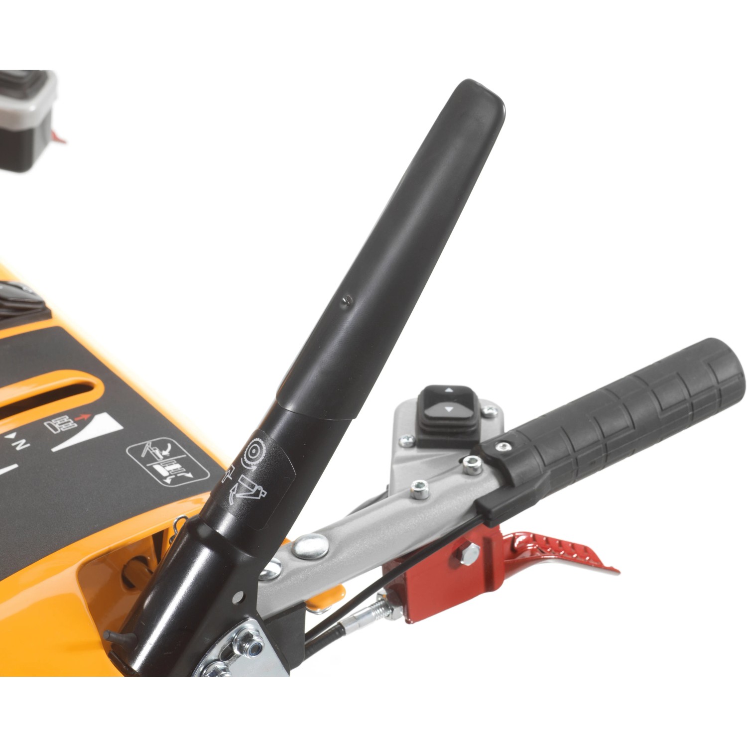 Detailaufnahme: Bedienelemente der Stiga Benzin-Schneefräse ST 7276 PH, Hebel und Griffe.