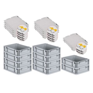PROREGAL Spar Set: 10 graue Euroboxen mit Scharnierdeckel und gelben Verschlüssen, 11 Liter.