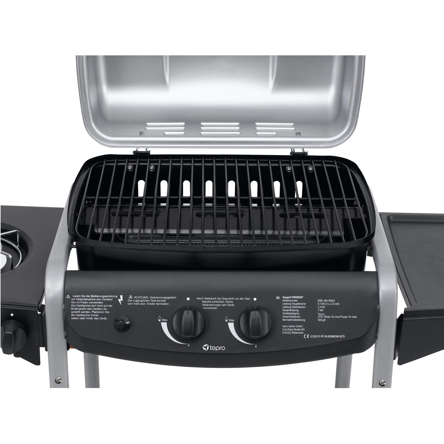Tepro Gasgrill Fremont, kompakter Grill mit Seitenkochfeld, schwarz/silber.