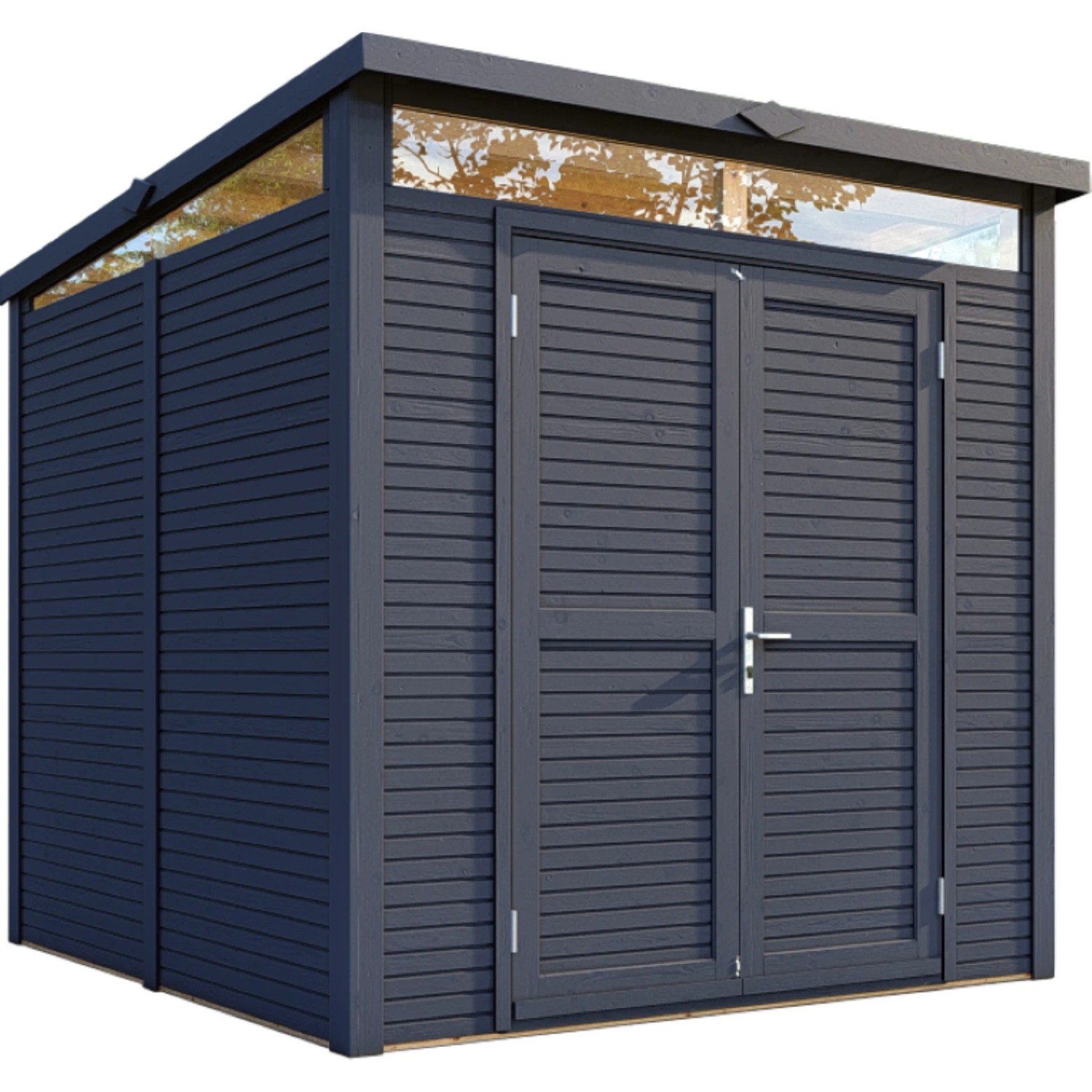 Anthrazitfarbenes Bertilo Gartenhaus Woodline Pent aus Holz mit Doppeltür und Flachdach.