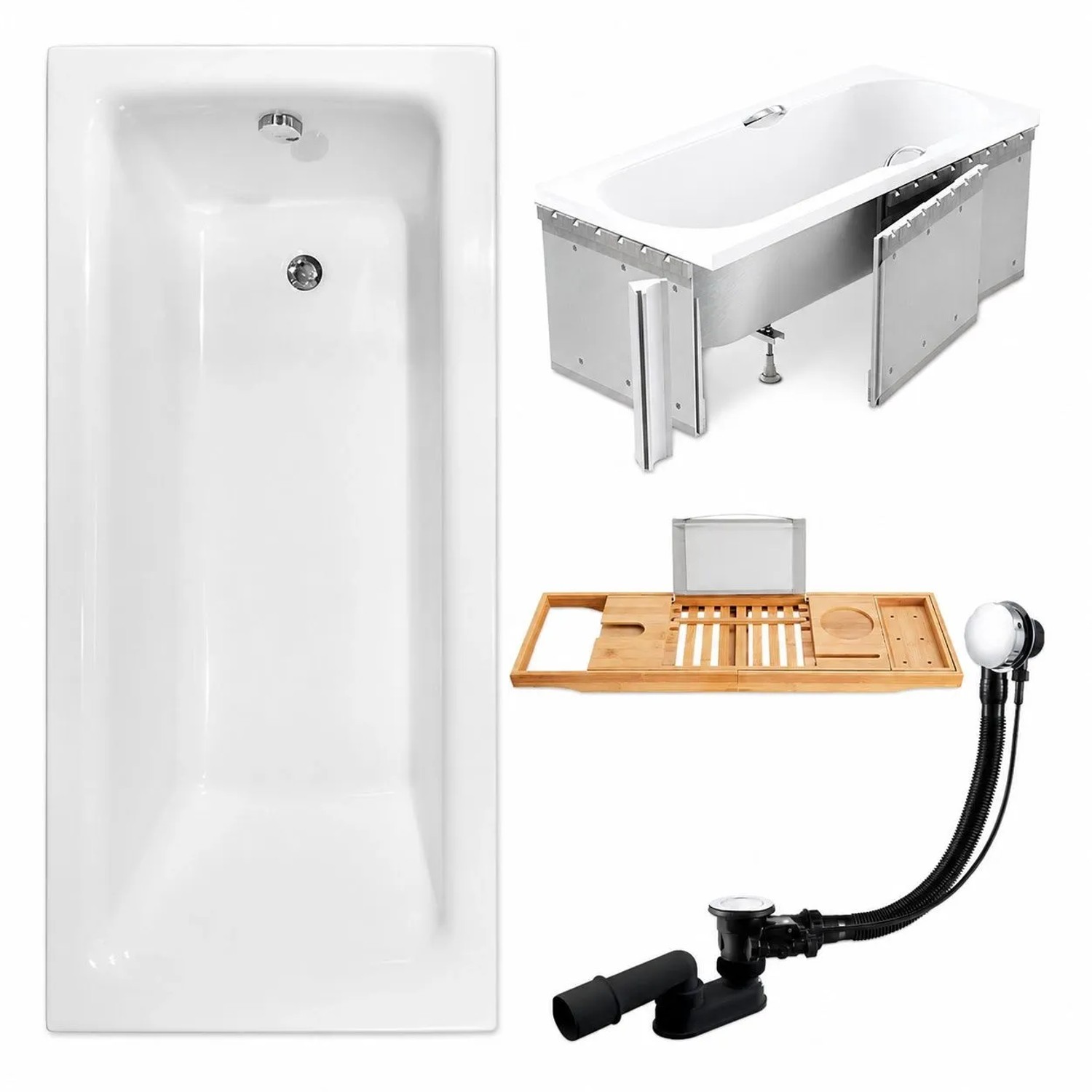 KOLMAN Badewanne Rechteck 150 x 70 Cm Mit Styroporverkleidung Mit Bambus Badewannenablage Inkl. Ablauf Und Füße