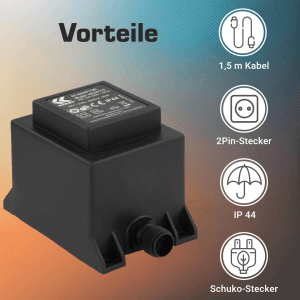 Schwarzer Kerry Electronics Trafo 60W 12V AC/AC IP44 mit 2-Pin-Stecker und Netzkabel.