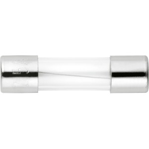 Feinsicherung 2,5A träge, Glasrohr mit Metallelementen, zum Schutz elektrischer Geräte.