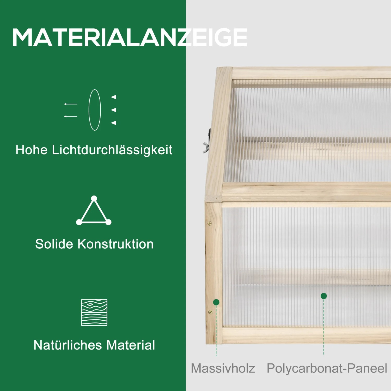 Detailaufnahme Outsunny Gewächshaus aus Tannenholz und Kunststoffplatten.