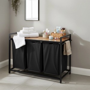 Relaxdays Wäschesammler Metall Schwarz 3 Fächer mit Ablage 73,5 cm x 109,5 cm x 33 cm
