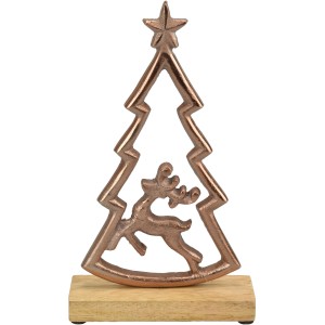 Kupferfarbene Deko-Tanne mit Hirschfigur aus Aluminium/Mangoholz, 20 cm hoch.