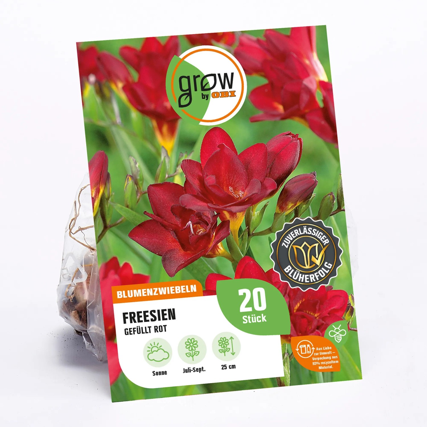 Verpackung rote, gefüllte Freesien Blumenzwiebeln von GROW by OBI, Blütezeit Juli bis September.