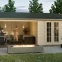 Skan Holz Gartenhaus Tilburg Natur 23,3 m² mit überdachter Terrasse und Feuerstelle.