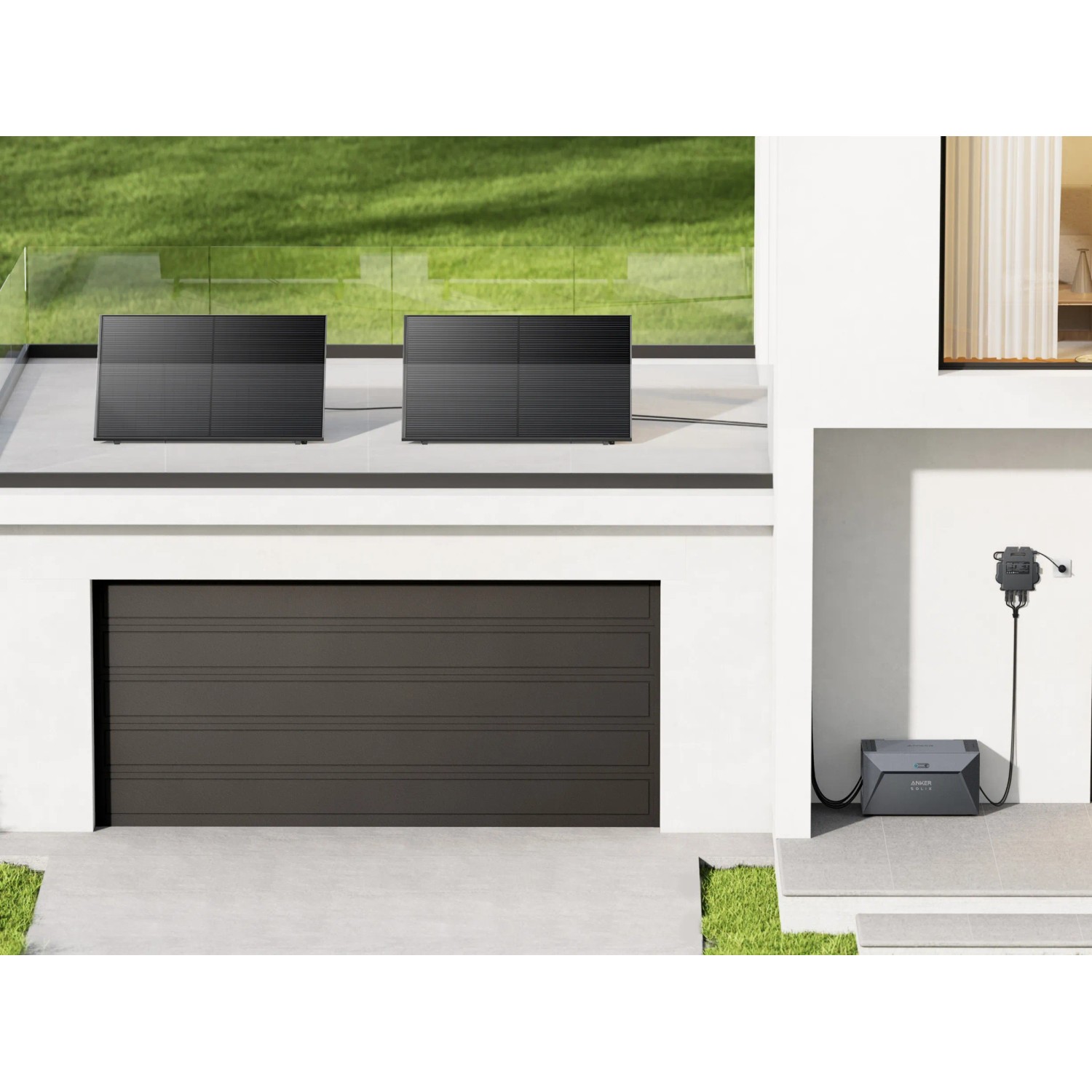 Anker Solix RS40B Balkonkraftwerk mit 2 Solarmodulen und Speicher vor Hauswand.