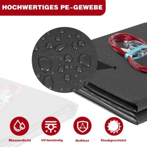 Detailaufnahme der grauen WOLTU Poolplane (400x200cm) aus PE mit Ösen und Drahtseil.