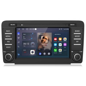 Schwarzes Junsun Android Autoradio mit 8-Zoll Touchscreen, Carplay, Bluetooth und Tasten für Skoda Octavia.