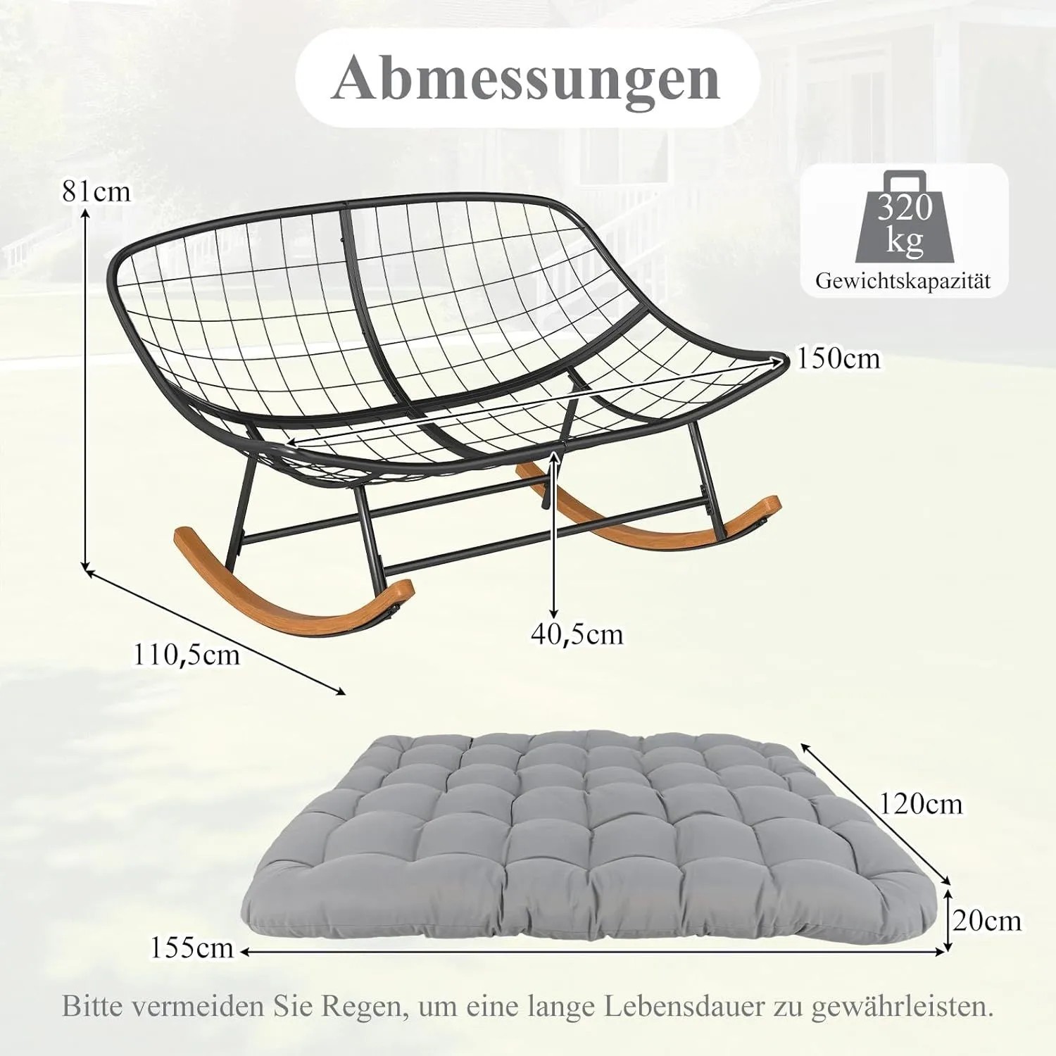 Costway Schaukelstuhl für 2 Personen mit Kissen, Maße und Tragkraft 320kg.