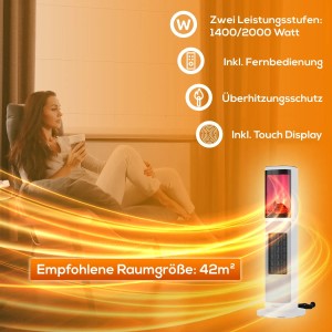 Weißer TroniTechnik Turmheizer mit Flammeneffekt und Touch Display. Elektrisches Heizgerät mit Oszillation.