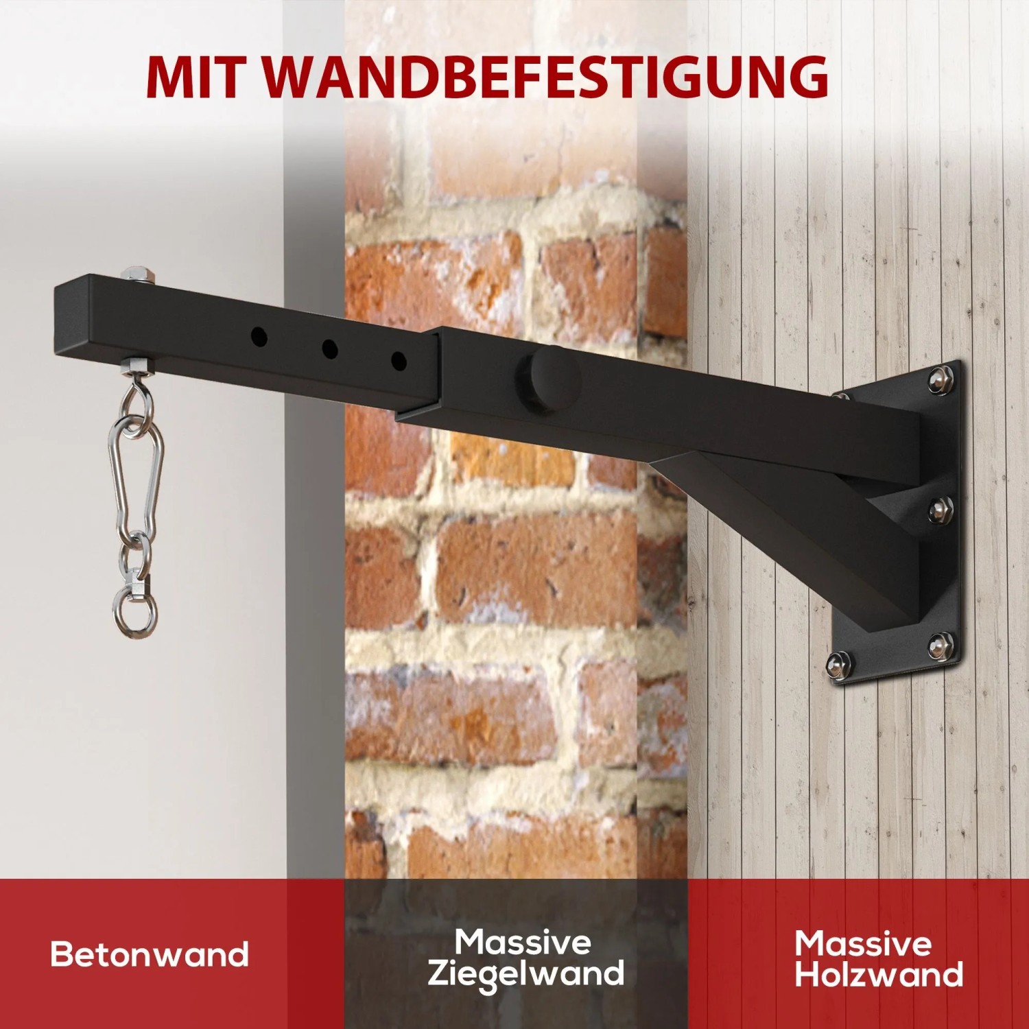 Schwarze SPORTNOW Boxsack Wandhalterung aus Stahl, montiert an Wand.
