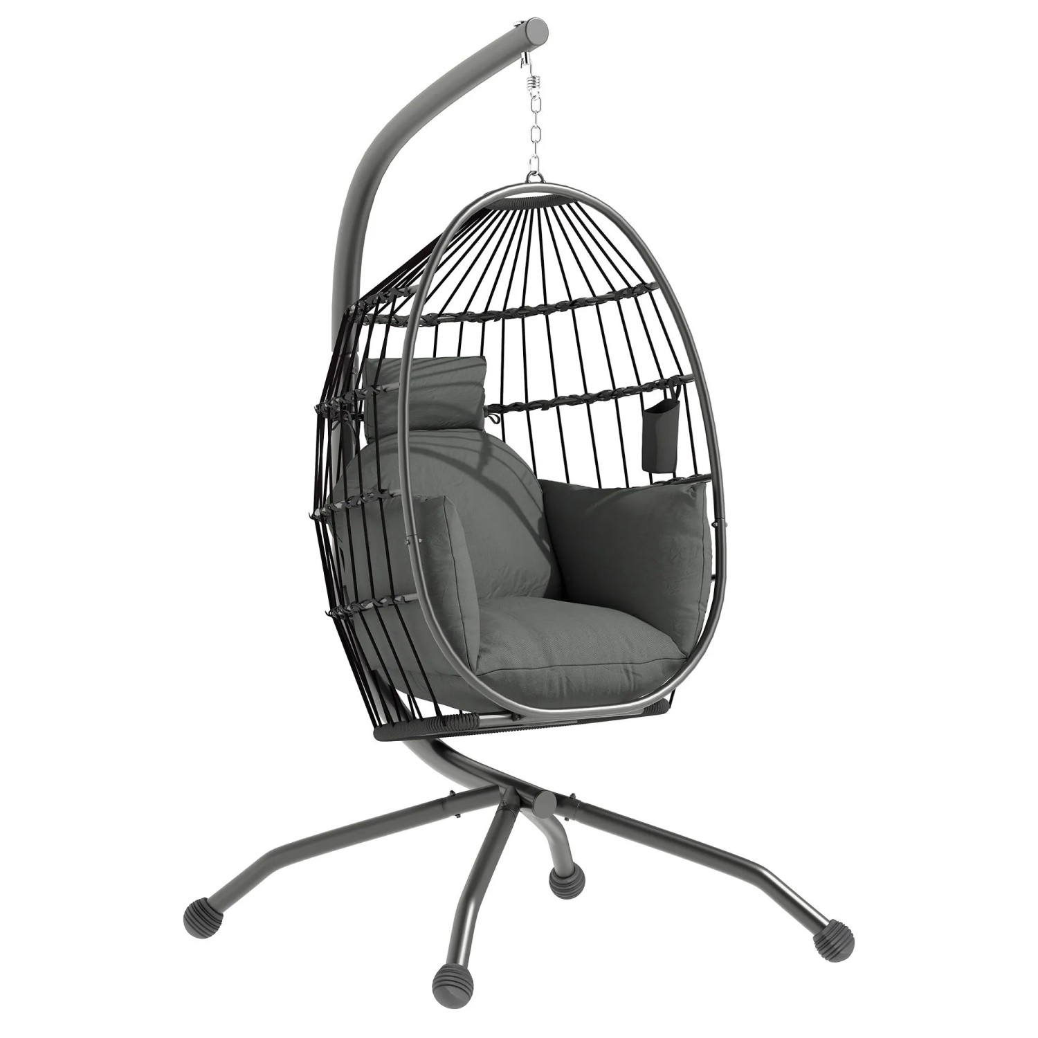 Furnicato Hängender Outdoor Schaukelstuhl Mit Faltbarem Korbsitz Und Dicken Kissen  Ständer  Kopfstütze  Becherhalter  Schwarz