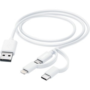 Weißes Hama Multi-Ladekabel 3 in 1 mit USB-A, Micro-USB, USB-C und Lightning Anschluss, 1 m lang.
