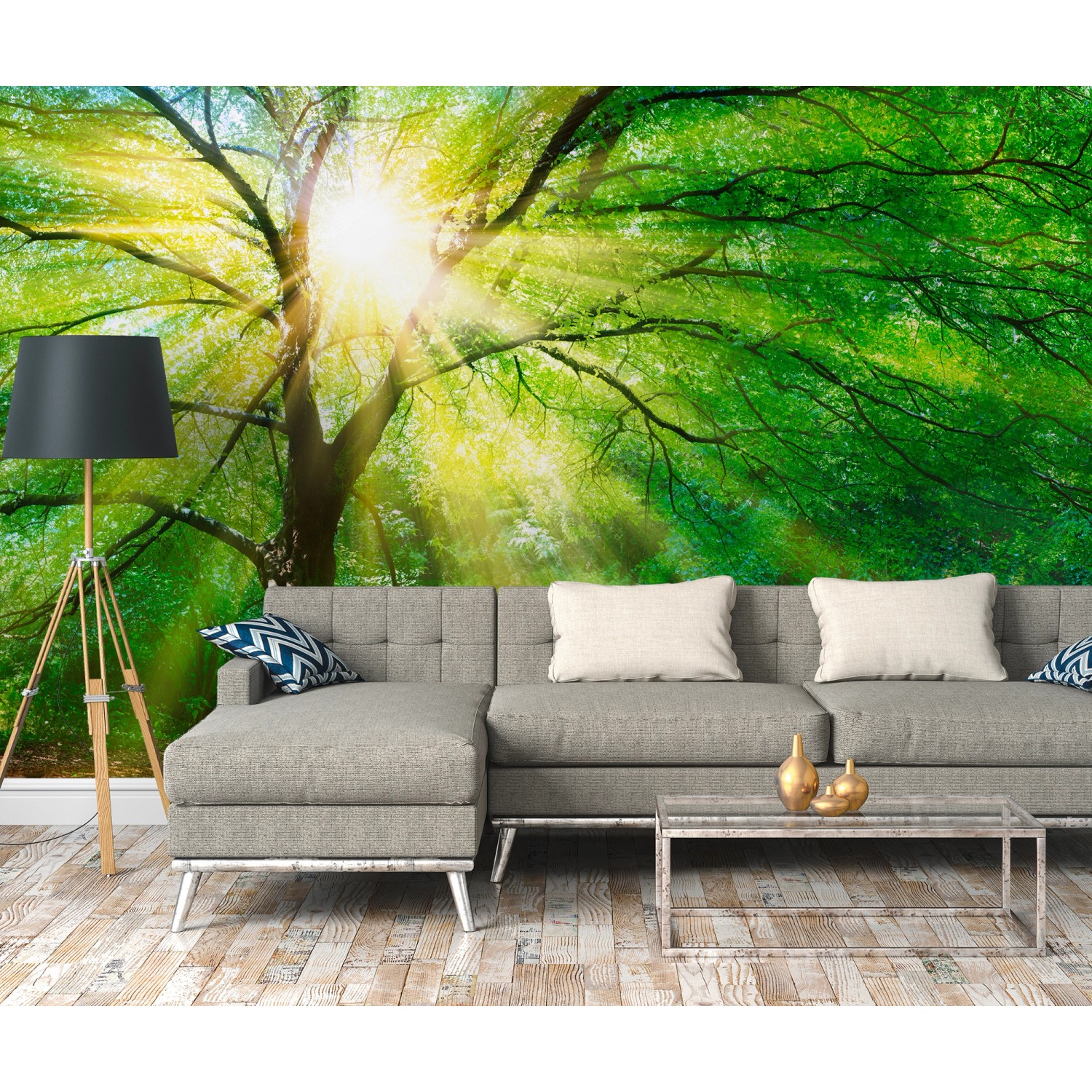 Fototapete Wald mit Sonnenstrahlen in Grün, Gelb und Braun (3,50x2,55m).
