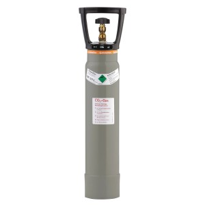 Graue Kohlendioxid Nutzungsflasche DIN T03 mit schwarzem Tragegriff und goldenem Ventil.