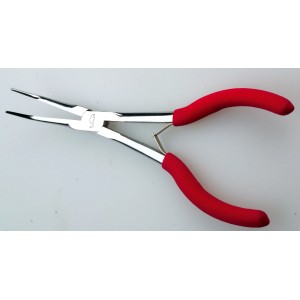 Westline Anglerzange, gebogen, aus Stahl mit roten Griffen für präzises Arbeiten beim Angeln.