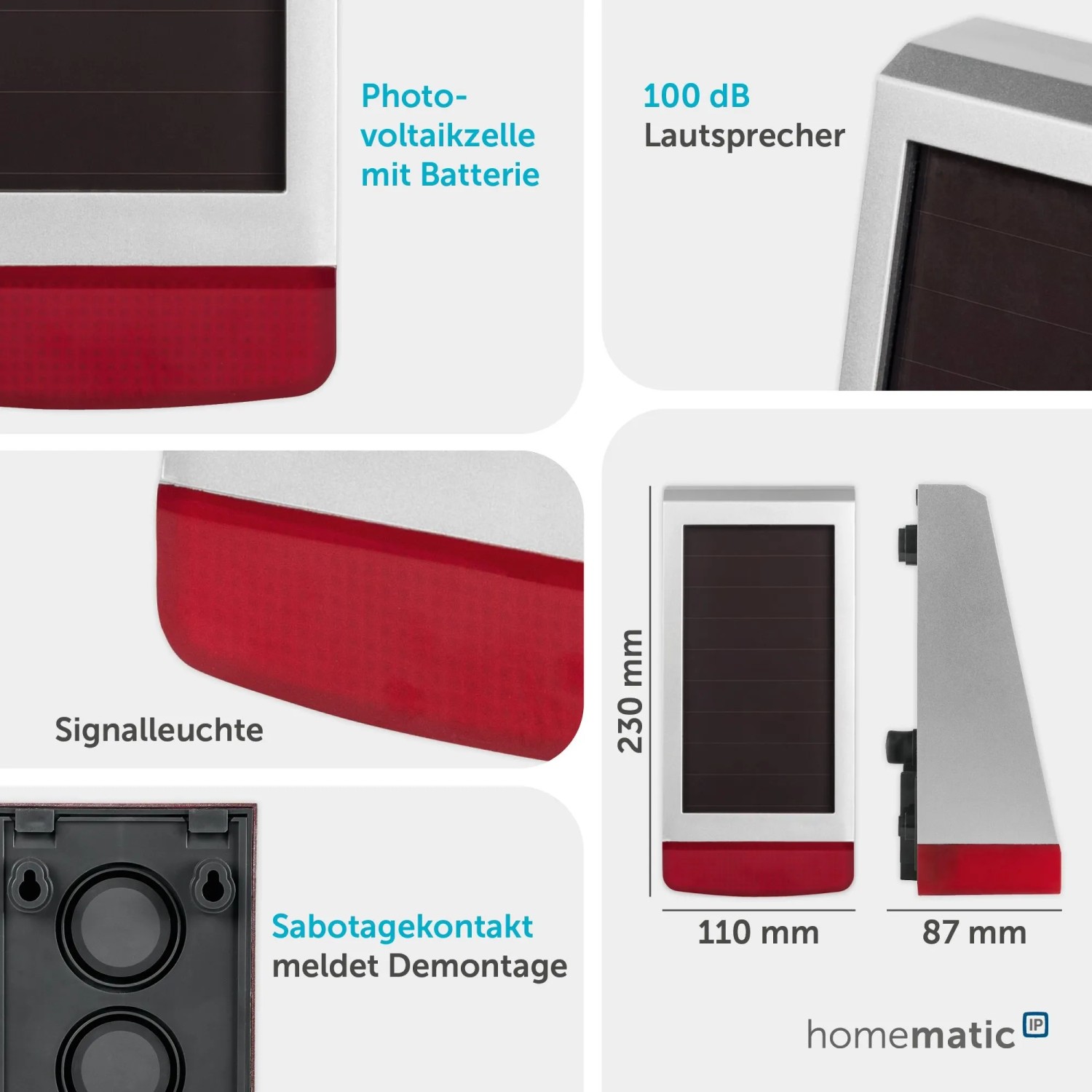 Homematic IP Alarmsirene außen. Weiße Sirene mit rotem Boden, Solarzelle, 100 dB Lautsprecher und LED-Signalleuchte. Sabotageschutz.