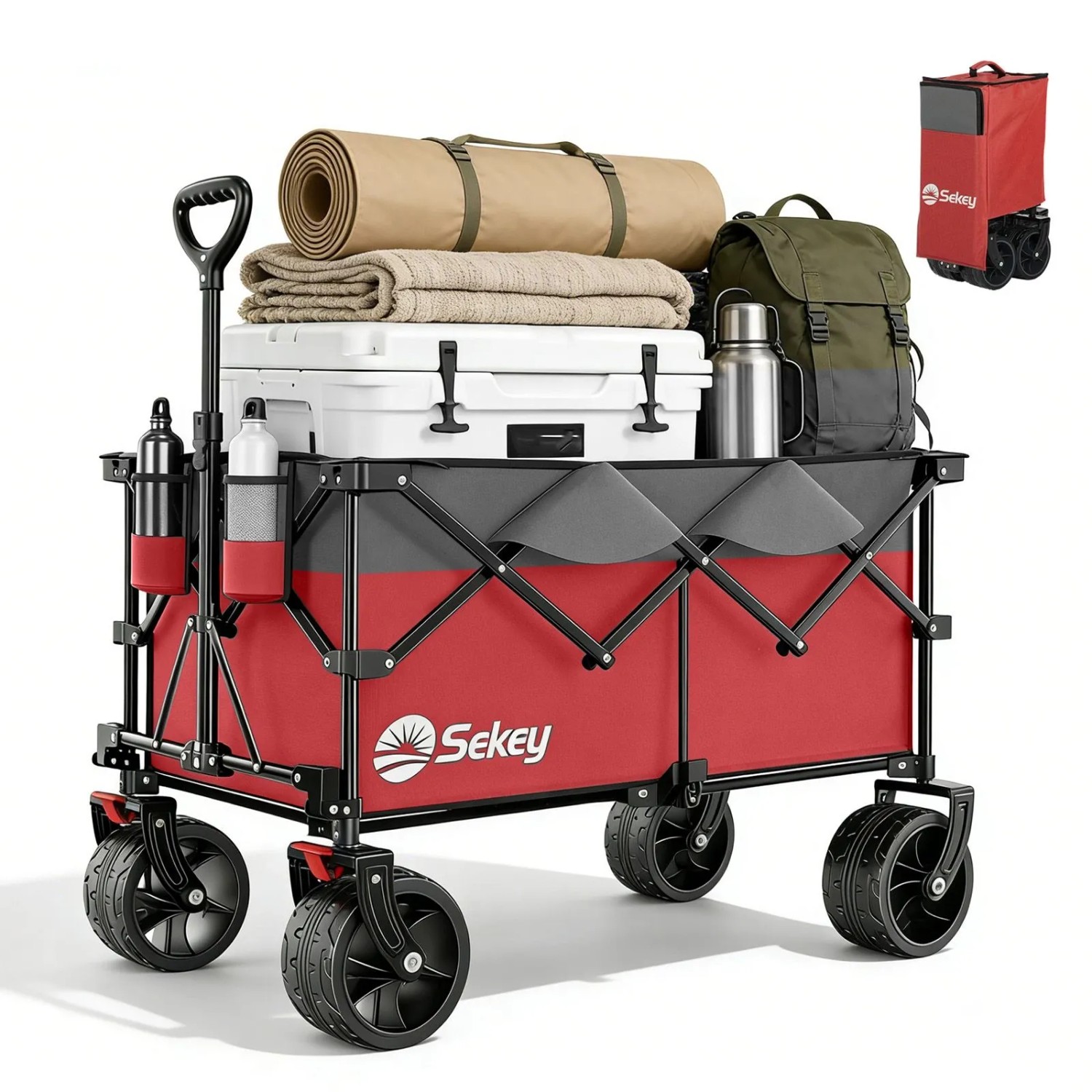 Sekey XXL Plus Bollerwagen Faltbar mit Breiten All-Terrain-Rädern 200KG 200L Rot