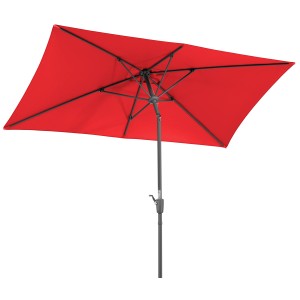 Rechteckiger, roter Schneider Balkonschirm 270x150 cm mit Kurbelmechanik.