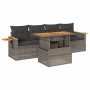 Graue 5-tlg. vidaXL Garten-Sofagarnitur aus Polyrattan mit Akazienholz-Akzenten und dunklen Kissen.