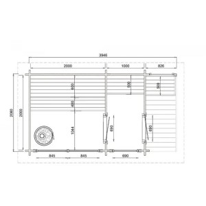 Grundriss FinnTherm Saunahaus Lizzy M: Maße und Aufteilung der Massivholzsauna mit Vorraum und Terrasse.