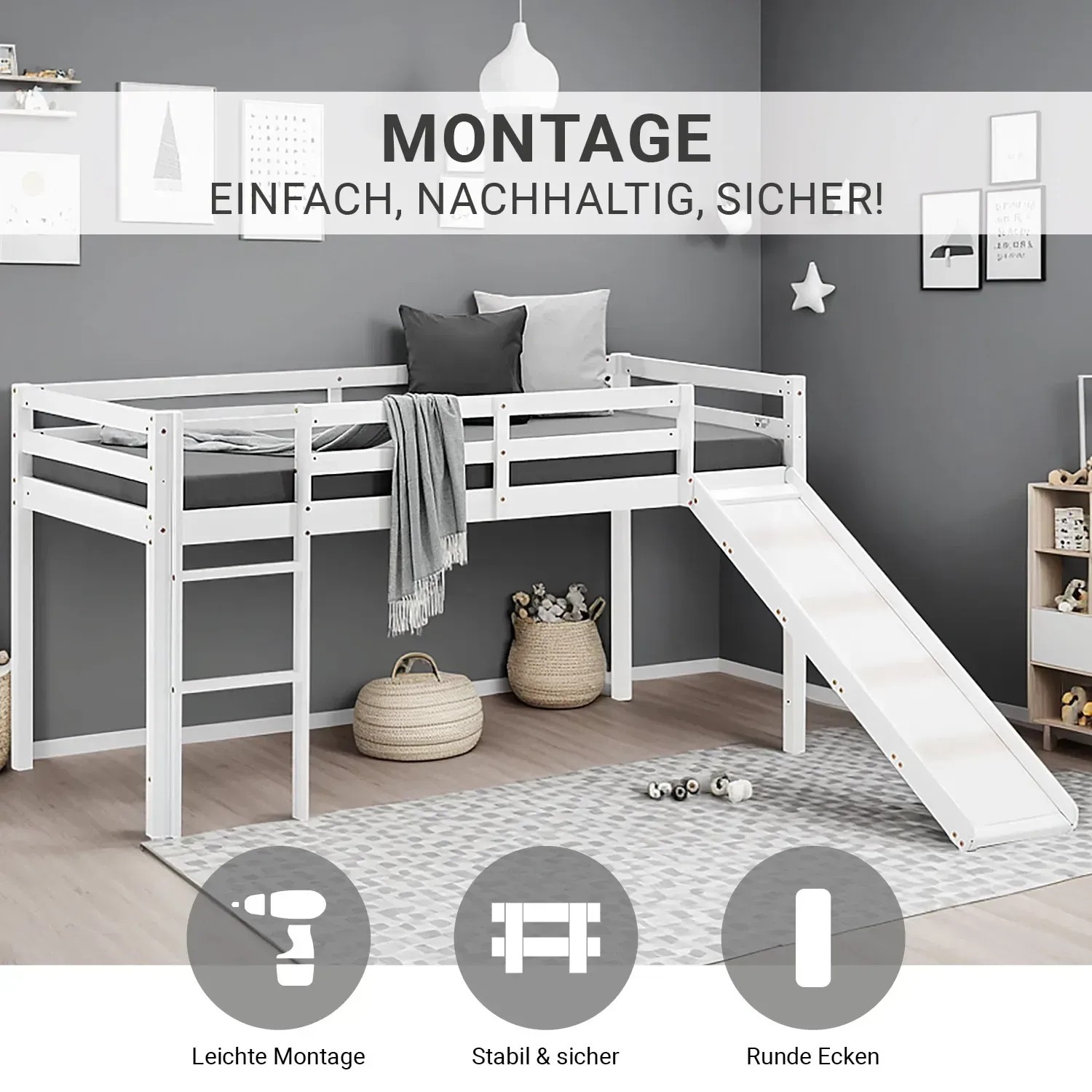 Homestyle4u Kinderbett 90x200 mit Lattenrost und Rutsche in Weiß 2254_4