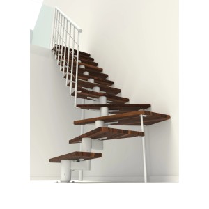Minka Mittelholmtreppe Comfort Top Turn Walnuss Weiß, Innentreppe mit Holzstufen und weißem Geländer.