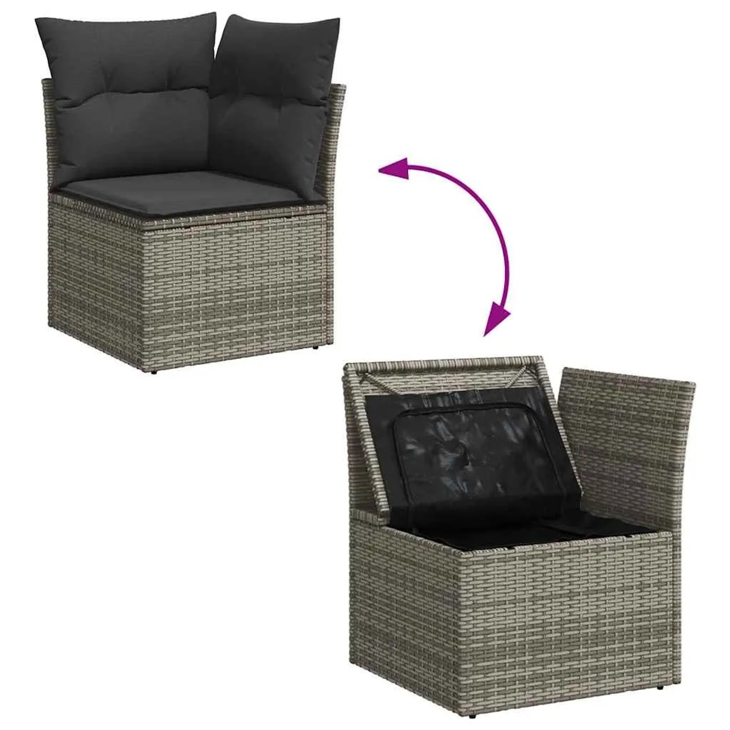 Graue Garten-Sofagarnitur aus Polyrattan mit Staufach und Kissen, Teil der vidaXL 9-tlg. Serie.