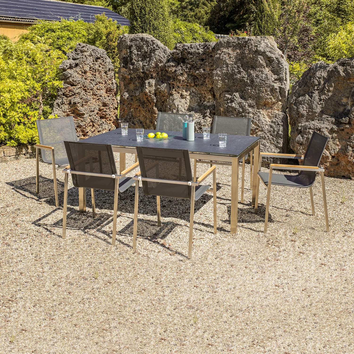 Greemotion Gartenmöbel-Set Sydney 2, 7-teilig, Edelstahl, silber-anthrazit, mit Tisch und 6 Stühlen.
