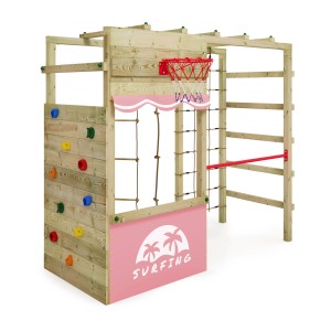 Wickey Spielturm Smart Action Plane in Pastellpink mit Kletterwand, Basketballkorb und Hangelbrücke.